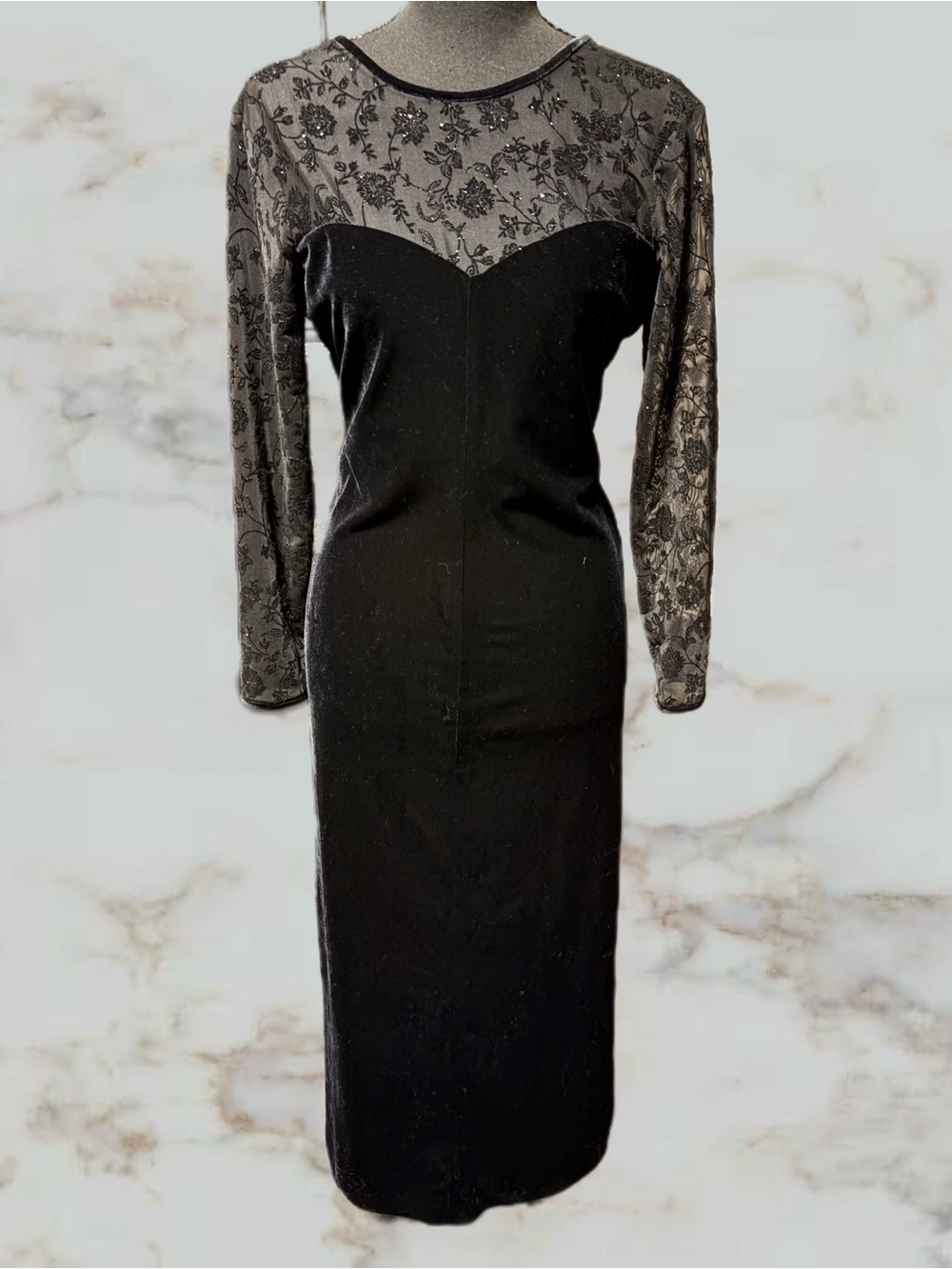 Robbie Bee Black Lace-Inset Long Sleeve Sheath Dress